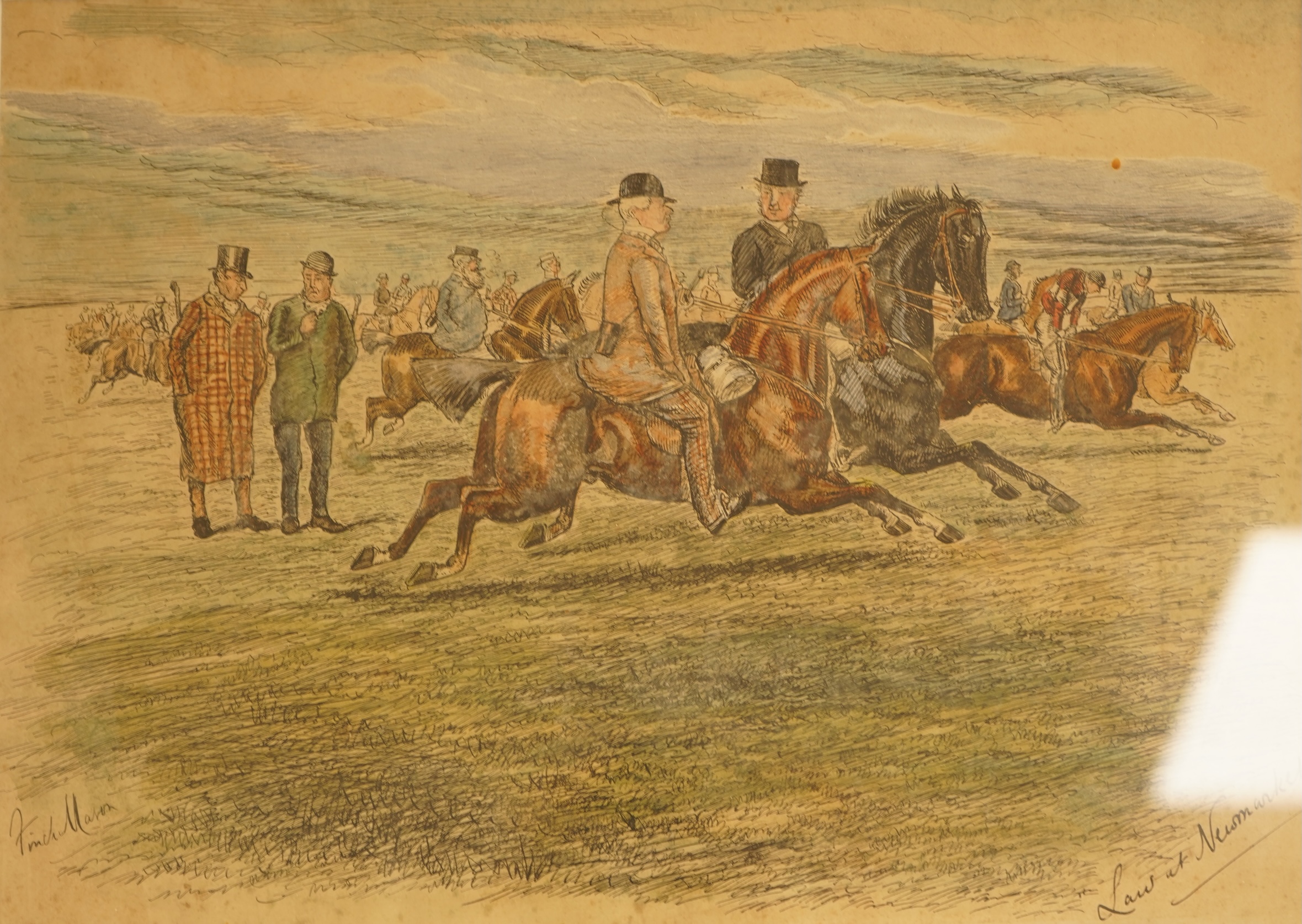 George Finch Mason (1850-1915), Three hunting interest ink and watercolours to include 'Law at Newmarket' and 'Extract from the diary of Miss Tanbrush' two signed, largest 24 x 32cm